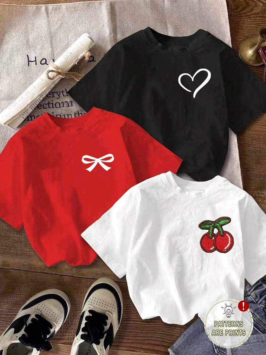 3pcs/Set Tween Girls' Casual Chic White And Red Summer School Back-To-School Butterfly,Cherry,Leaf Graphic Print Basic Short T-Shirts,Comfortable Cozy - Multicolor - View 1