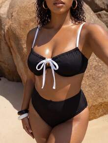 Swim Chiccia 大尺碼女款夏季海灘拼色掛脖綁帶性感比基尼三角褲兩件式泳衣套裝 - 黑與白 - 查看 4