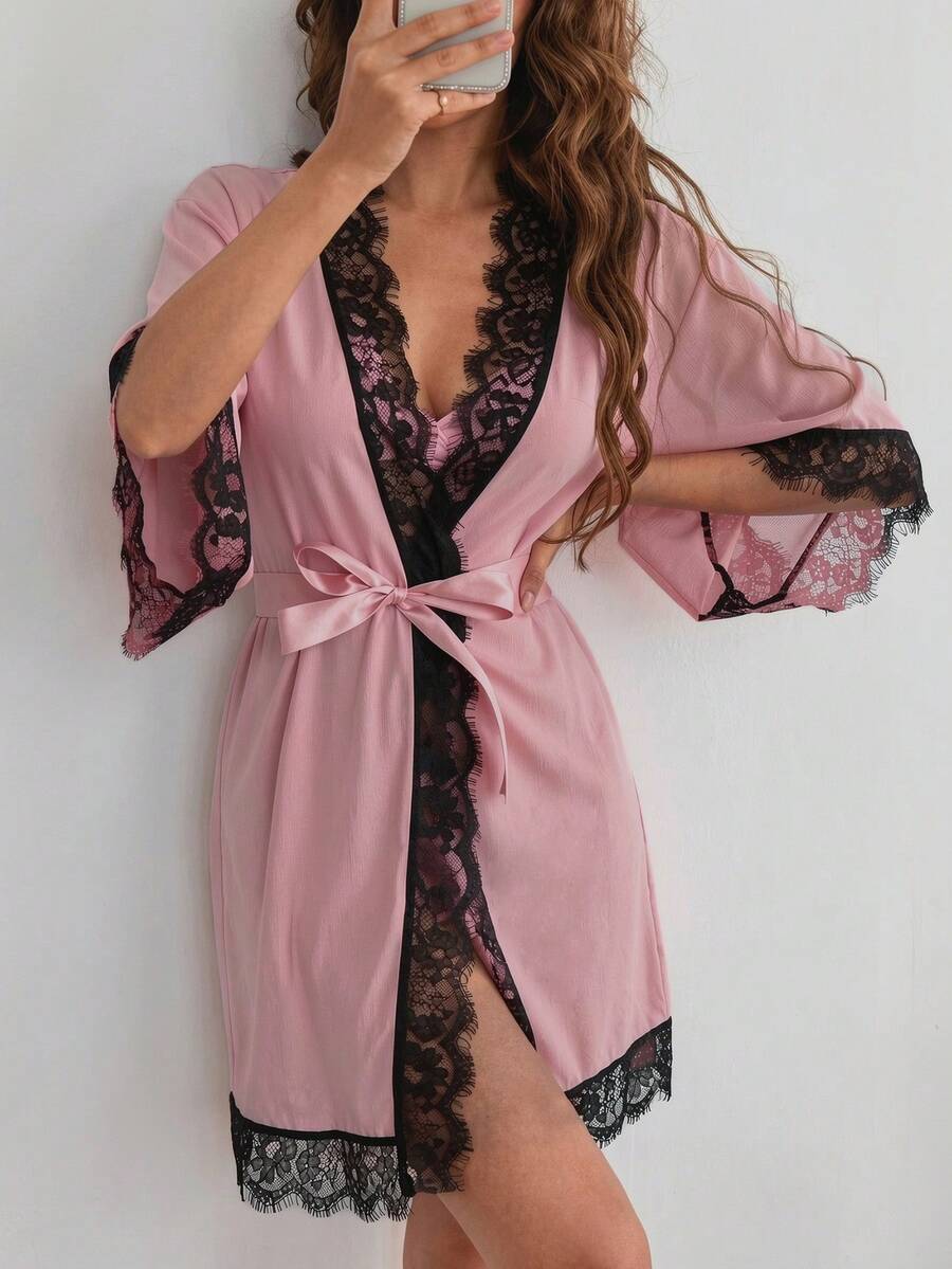 Seduluxe 女款蕾絲拼接腰綁帶休閒居家睡衣 - 藕粉色 - 查看 1