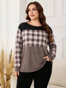 Lacomfia Autumn/Winter Elegant Casual Loose Versatile Print Element Patchwork Round Neck Pullover Long Sleeve Plus Size Women's T-Shirt - Multicolor - View 1