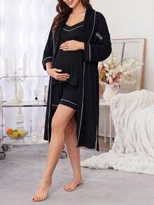 Moonlight&Mama Setelan Pakaian Santai Wanita Kasual 3 Potong: Celana Pendek Camisole Bordir Huruf + Jubah - Hitam - View 4