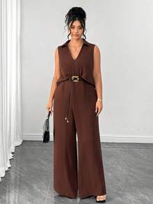 SHEIN Clasi Plus Size Summer Casual Elegant Solid Color Tank Top Pants 2 Pieces Set Brunch Formal Brown - Brown - View 10
