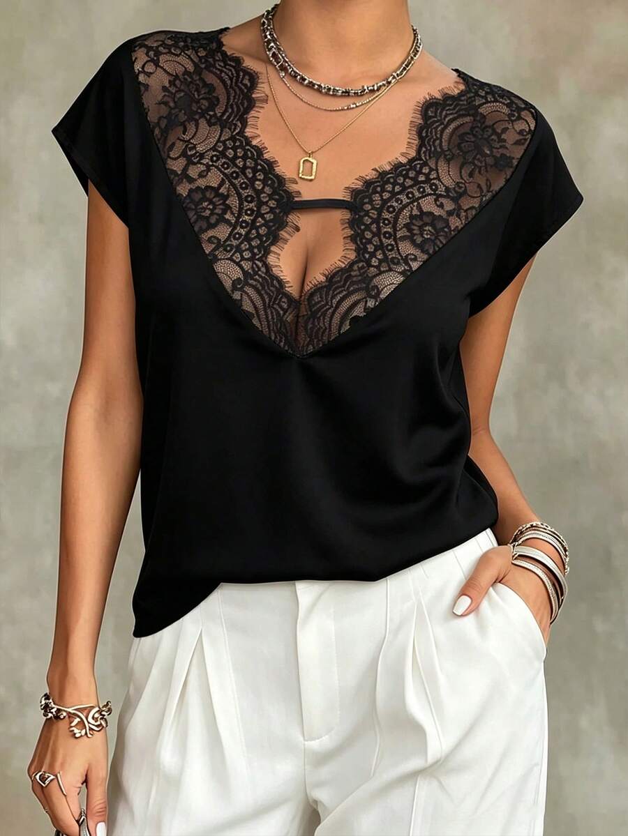 Weeklong Plus Size Women's Spring/Summer Lace Trim Patchwork Casual Vacation Blouse - Black - View 1