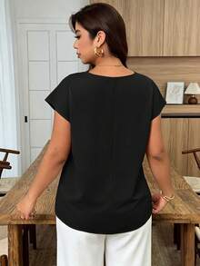 Weeklong Plus Size Women's Spring/Summer Lace Trim Patchwork Casual Vacation Blouse - Black - View 2