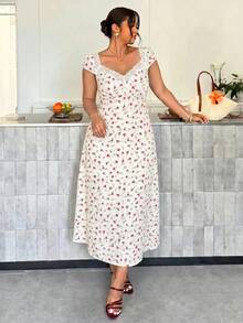 Firerie Plus Size Summer Casual Ditsy Floral Contrast Lace Heart Neck Dress - Apricot - View 8