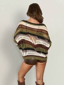 SHEIN ICON Women's Olive Green Dropped Shoulder Long Sleeve Distressed Knit Sweater Everyday Going Out Holiday Autumn Grunge Streetwear - Multicolor - View 2