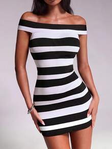 Nuvra Striped Off-Shoulder Waist-Cinching Slimming Short Dress - Black and White - View 9