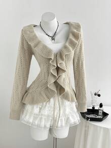 Elamini Sweet Style Ruffle Trim Knit Cardigan, Early Autumn Hollow Out Lace-Up Sweater Jacket, Solid Color V-Neck Versatile Top - Cream - View 1