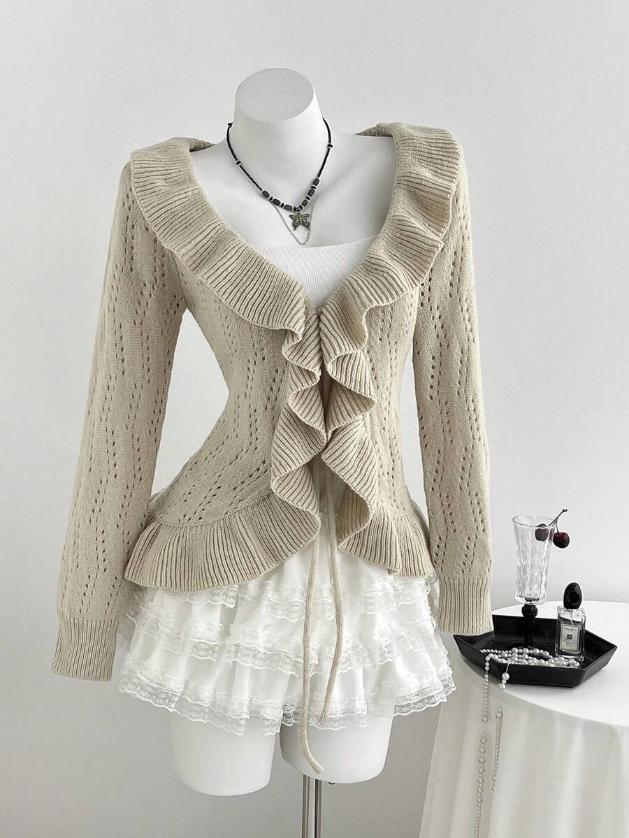 Elamini Sweet Style Ruffle Trim Knit Cardigan, Early Autumn Hollow Out Lace-Up Sweater Jacket, Solid Color V-Neck Versatile Top - Cream - View 1