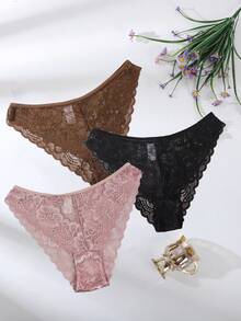 SHEIN 3件組極簡浪漫蕾絲女款三角內褲 - 彩色 - 查看 5