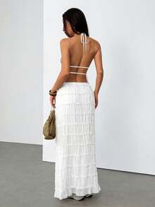 SHEIN PETITE Women's Solid Color Pleated Halter Neck Tank Top And Skirt Fashion 2-Piece Set - White - View 3