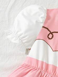 SHEIN Perso Play 女童西式牛仔風豹紋拼接色塊荷葉邊短袖洋裝 - 彩色 - 查看 4