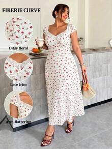 Firerie Plus Size Summer Casual Ditsy Floral Contrast Lace Heart Neck Dress - Apricot - View 9