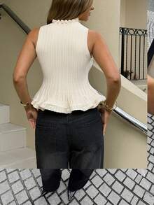 Siren Gaze Autumn Women Casual Knitted White Camo Top Vest Western Vintage Elegant Formal Brunch Office Going Out Wedding Graduation Ruffle Peplum Pleated Y2k - Apricot - View 6