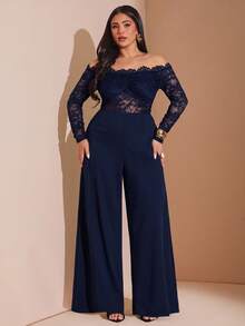 SHEIN BAE 大尺碼女款露肩黑色長版連身褲 秋季 - 藏蓝色 - 查看 7