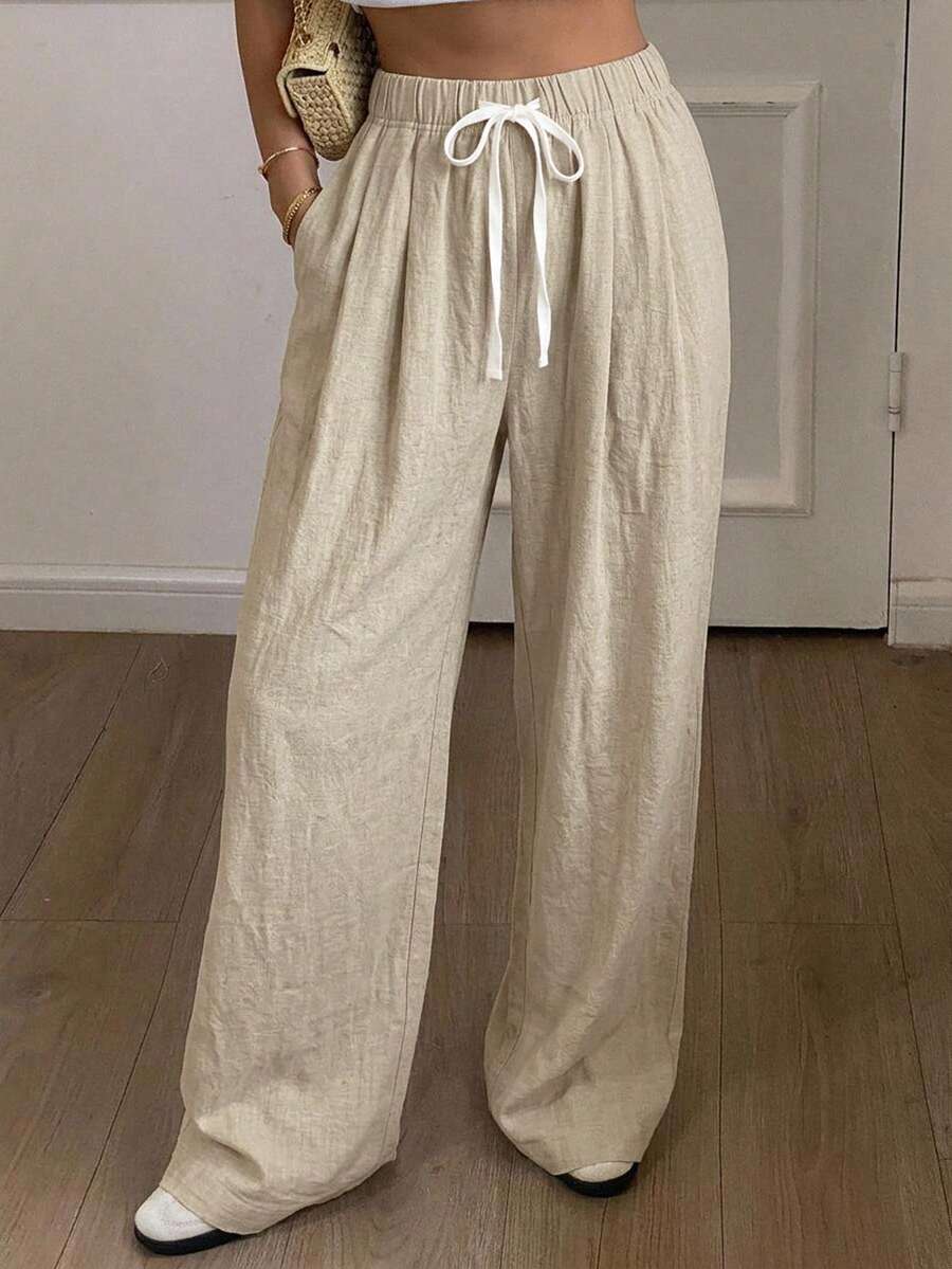 Livesso Solid Color Loose Straight Leg Pants With Elastic Waist And Drawstring, Casual Old Money Style Summer Women Long Pants - Apricot - View 1