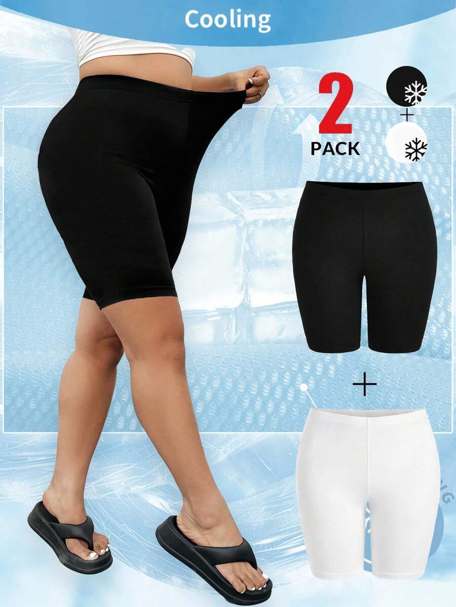 SHEIN EZwear 2件組大尺碼酷感面料系列黑色高腰緊身短褲,春夏服飾 - 黑與白 - 查看 1