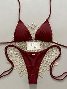 Swim Vcay 2件組女款白色比基尼泳衣套裝，手工編繩泳裝 - 酒紅色 - 查看 1