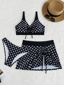 Swim Lushoire 女款夏季海灘波點性感比基尼三角內褲兩件式泳衣套裝附迷你裙 - 黑與白 - 查看 3