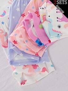 SHEIN 5套可爱女童青少年贴身睡衣，包含樱桃、兔子、爱心、甜甜圈等卡通印花，主要颜色：粉色、蓝色、浅紫色，轻盈顺滑的涤纶面料，短袖短裤款式，适合女孩日常居家穿着。 - 彩色 - 查看 6