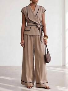Zivah Setelan Elegan Wanita: Jaket Manset Bergaris dan Celana Panjang Lebar - Khaki - View 14