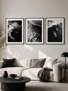 3Pcs Surf Theme Canvas Wall Art Set – Monochrome Wave Beach Photography Print For Living Room Office Decor, Gift (Unframed) - multicolor - View 2