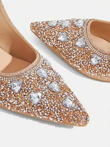 CUCCOO TILAWA Women's Crystal And Glass Rhinestone Pointed Light Gold High-Heeled Shoes, Suitable For Going Out, Banquets, Parties And Other Activities - Light gold - View 5