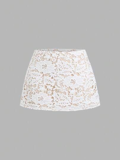 Sweetra Romantic Office Commute Casual Elegant Vintage Date Shopping Afternoon Tea Daily Commute Beach Vacation Photography A-Line Skirt With Side Invisible Zipper Pure White 3D Floral Lace Spring Summer Autumn Women's Skirt