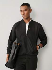 Manfinity CityGents Men Black Fabric Bomber Jacket With Long Regular Sleeves And Zipper Closure For Everyday Wear , Fall - Black - View 1