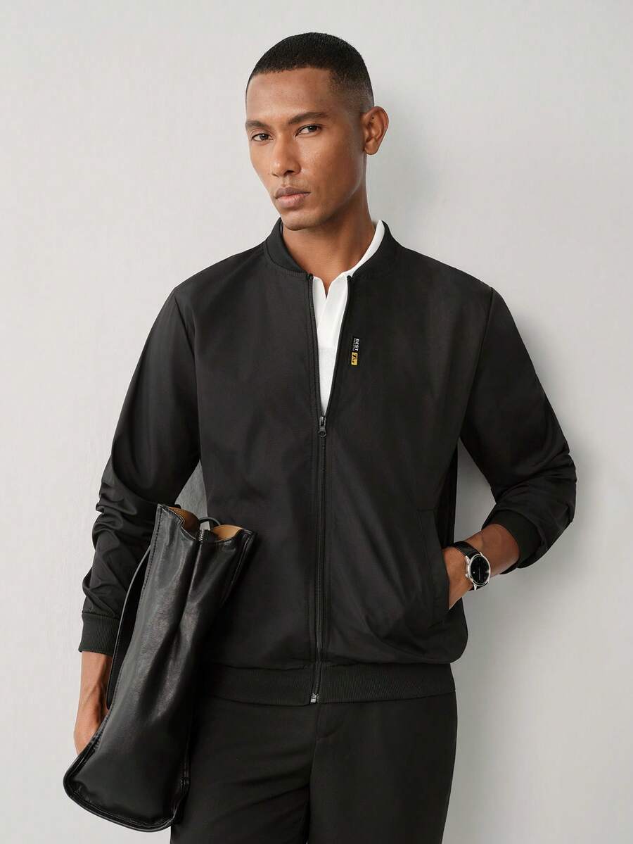 Manfinity CityGents Men Black Fabric Bomber Jacket With Long Regular Sleeves And Zipper Closure For Everyday Wear , Fall - Black - View 1