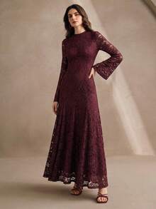 Anewsta Petite Petite Women's Long Summer Dress, Elegant Spring Women's Long-Sleeved Lace Dress, Round Neck Slim-Fit Long-Sleeved Dress, Suitable For New Year's, Christmas, Valentine's Day, Parties, Weddings And Other Occasions, Fashionable, Elegant And Formal. - Burgundy - View 5
