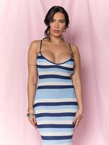 Dania Mndz Shop Women's Spring/Summer New Knitted Crochet Dress, Criss-Cross Backless Striped Bohemian Vacation Elegant Summer Bodycon Midi Sundress Blue - Blue - View 3