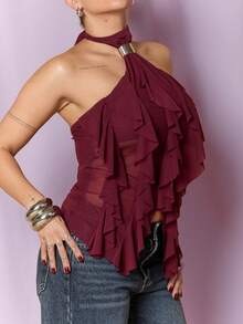 Dania Mndz Shop Women's Elegant Multi-Layer Ruffle Trim Stand Collar Fitted Tank Top Casual Summer - Burgundy - View 3