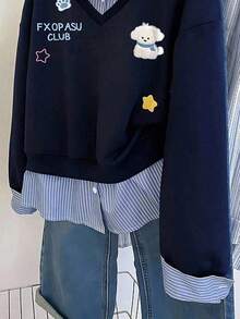 Resyla Sweatshirt Fashion Wanita Serbaguna Gaya Kampus dengan Bordir, Garis-garis, dan Patchwork - Navy Blue - View 4