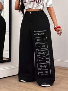 SHEIN Unity 女款大尺碼戶外街頭風字母刺繡黑灰色牛仔褲 - 黑色 - 查看 3