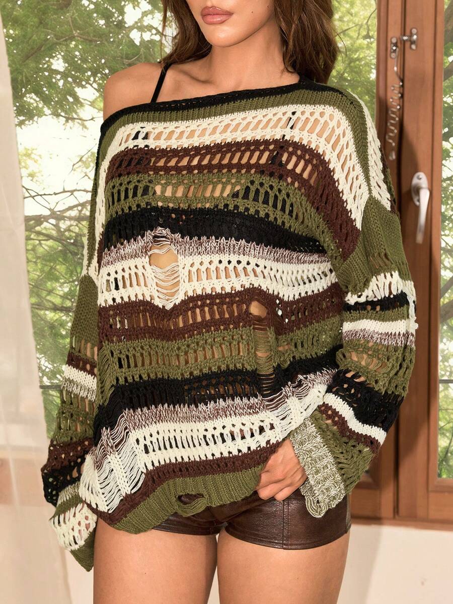SHEIN ICON 女款撞色落肩長袖破洞針織毛衣 - 彩色 - 查看 1