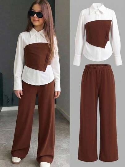 SHEIN Tween Girl Tween Girl 2pcs Set: Waist-Cinching Blouse And Wide-Leg Pants, Slim Fit Design, Lapel Collar Business Casual Outfit, Vintage Brown Office Suit Fall/Winter Outfits