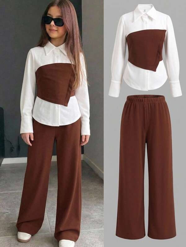 SHEIN Tween Girl Tween Girl 2pcs Set: Waist-Cinching Blouse And Wide-Leg Pants, Slim Fit Design, Lapel Collar Business Casual Outfit, Vintage Brown Office Suit Fall/Winter Outfits