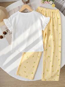 SHEIN 青少年女孩 T-shirt 套裝 梭織純色荷葉袖上衣搭配碎花長褲休閒套裝 - 彩色 - 查看 2