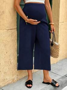 SHEIN Maternity High Waist Solid Color Casual Pants For Vacation - Navy Blue - View 3