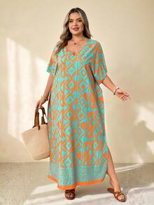SHEIN CURVE+ Plus Size Women's Printed Loose Fit Versatile Casual Boho Vacation Beach Short-Sleeve Dress Orange Summer - Multicolor - View 6
