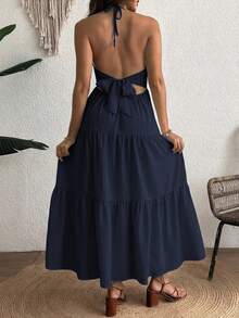 Cheriluna Maternity Comfortable Halter Neck Backless Maternity Dress - Navy Blue - View 2