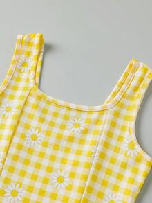 1件女童春夏復古甜美風波點印花方領無袖鬱金香洋裝，大蝴蝶結露背裝飾，適合生日派對與日常穿著 - 黃色 - 查看 8
