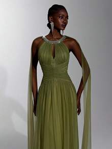 Elitara Elegant Filipiniana Olive Green Tulle Halter Keyhole Cape Sleeve Diamond Tassel Chain Backless Pleated Floor ALine Train Prom Wedding Party - Olive Green - View 3