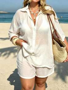 Swim Vcay 2026 New Plus Size Woven Cover Up And Shorts Set, Elegant Vacation Style Cover-Up Swimsuit - White - View 1