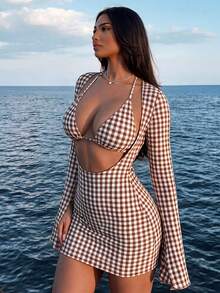 Swim SXY 春夏三件式性感彩色鏤空條紋罩衫三角比基尼套裝女款泳衣 - 棕色 - 查看 2