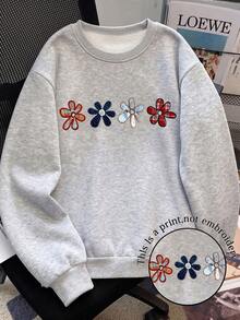 GlowEve CURVE Plus Size Grey Crew Neck Long Sleeve Thermal Lined Floral Print Sweatshirt - Grey - View 1