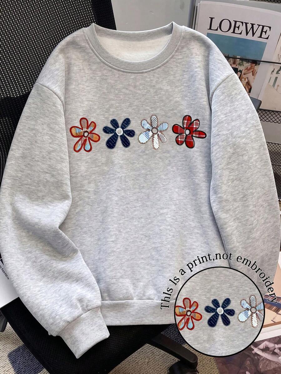GlowEve CURVE Plus Size Grey Crew Neck Long Sleeve Thermal Lined Floral Print Sweatshirt - Grey - View 1