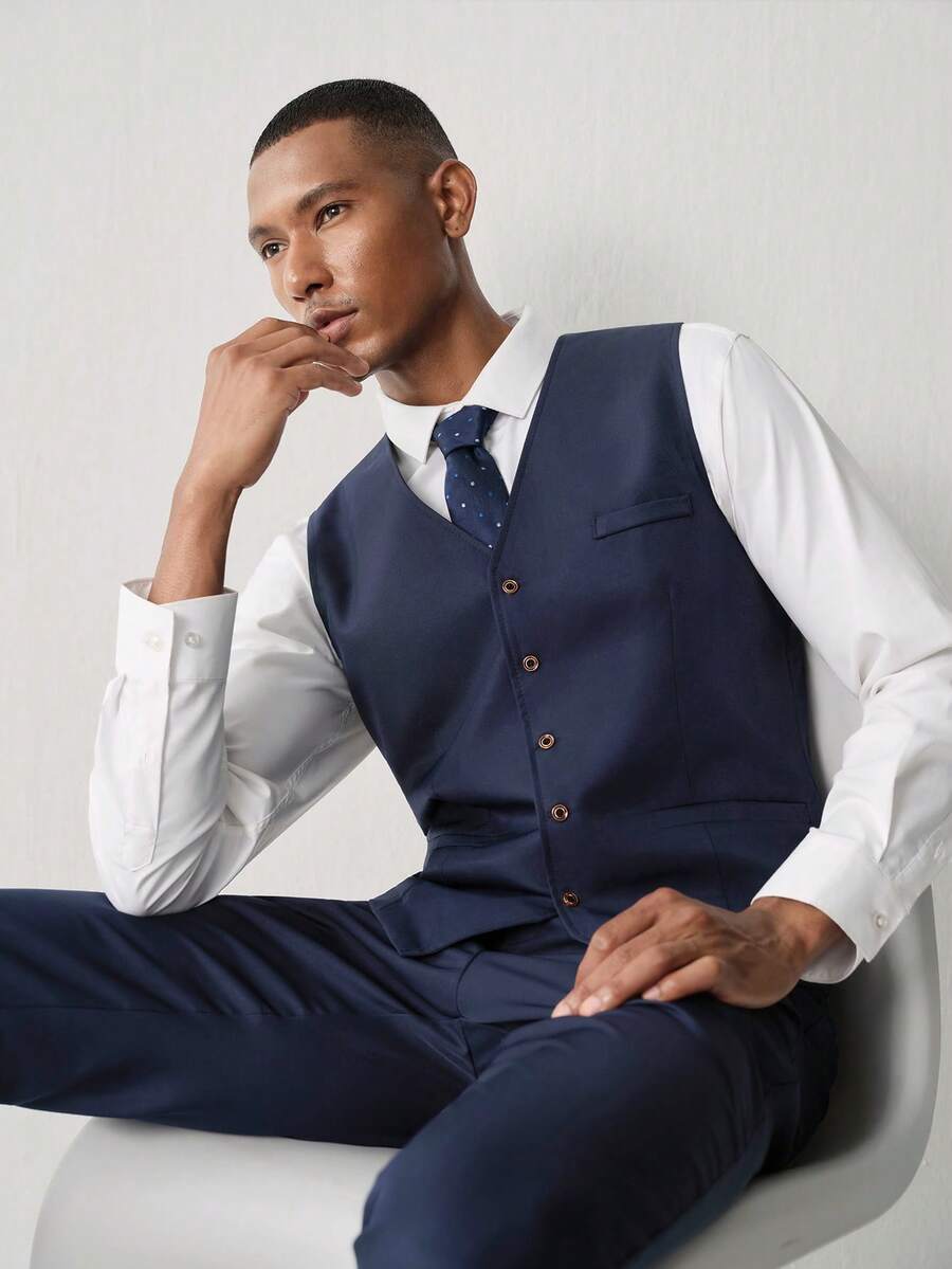 Manfinity CityGents Men 1pc Chain Detail Waistcoat & 1pc Tailored Pants, Formal, Ceremony - Navy Blue - View 1