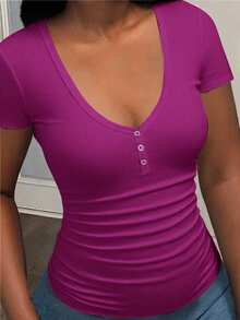 Slaydiva Plus Size Women Solid Color Ruched Slim Fit Versatile Daily Casual Short Sleeve T-Shirt - Hot Pink - View 6